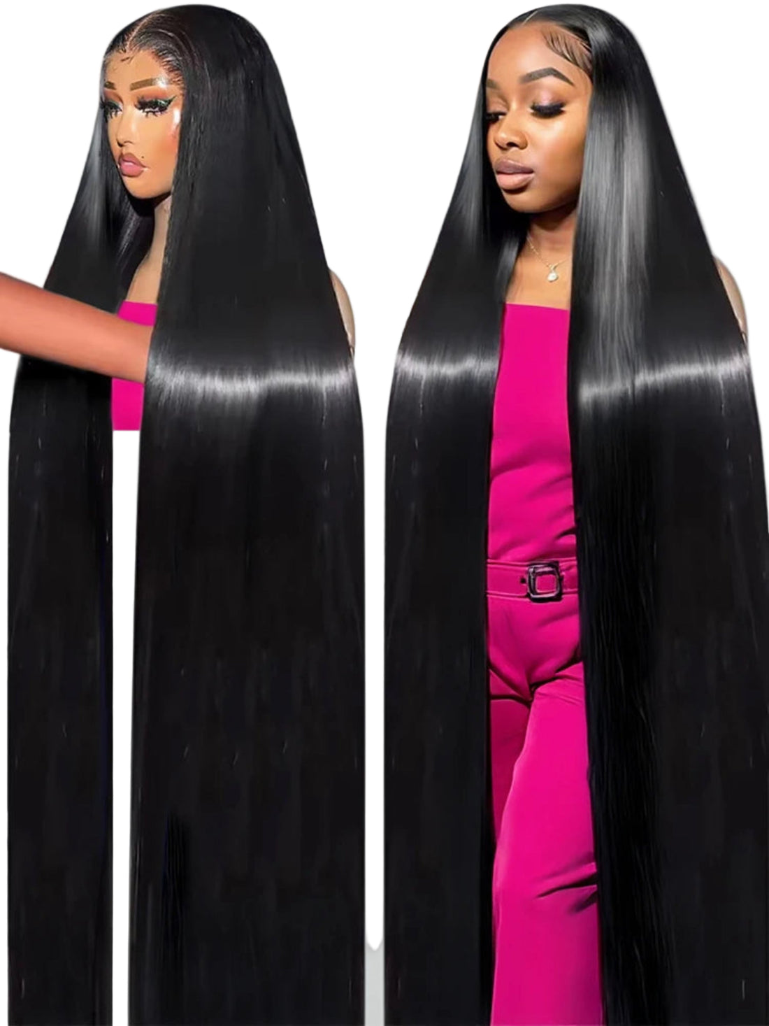 Woman wearing a black lace front wig with a pink top on a gray background