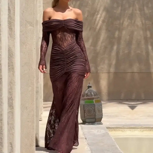 Off-Shoulder Lace Mesh Mermaid Maxi Dress