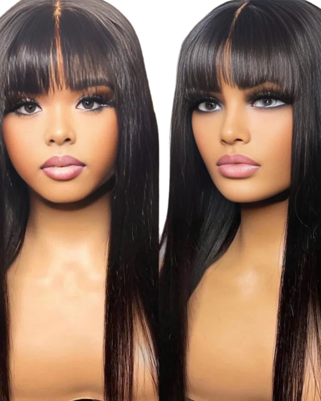 Two mannequin heads with long black wigs on a plain background