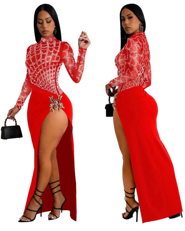 2024 Autumn Women's Hot Diamond Sexy Cutout Long-sleeved Slit Party Dress Birthday Dress for Women Sexy Dress