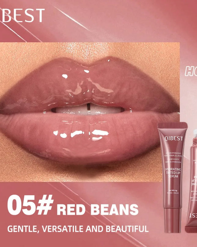 Lip gloss with a close-up of lips wearing it, QIBEST branding visible.