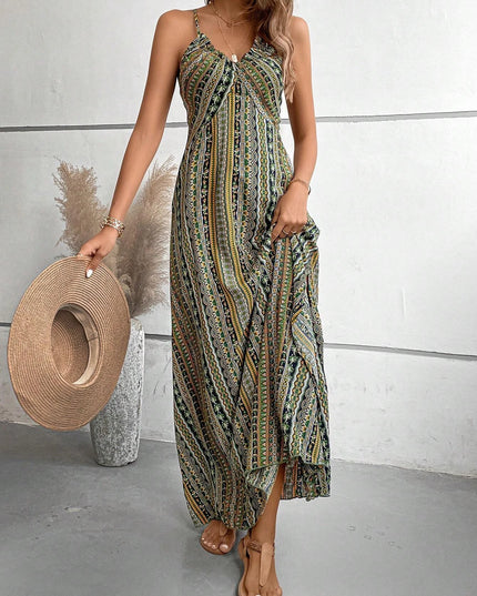 Women's Ethnic Pattern Backless Split Thigh Boho Maxi Dress