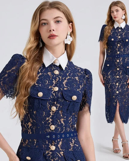 Elegant Lace Color Block Bodycon Dress with 3D Pockets