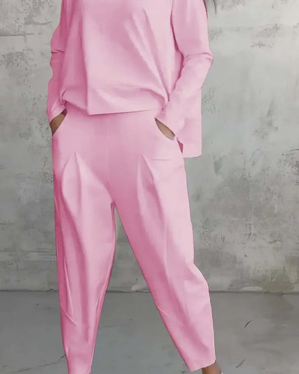 Women's Two-piece Solid Color Round Neck Long Sleeved Top and Casual Pants Set for Autumn 2024