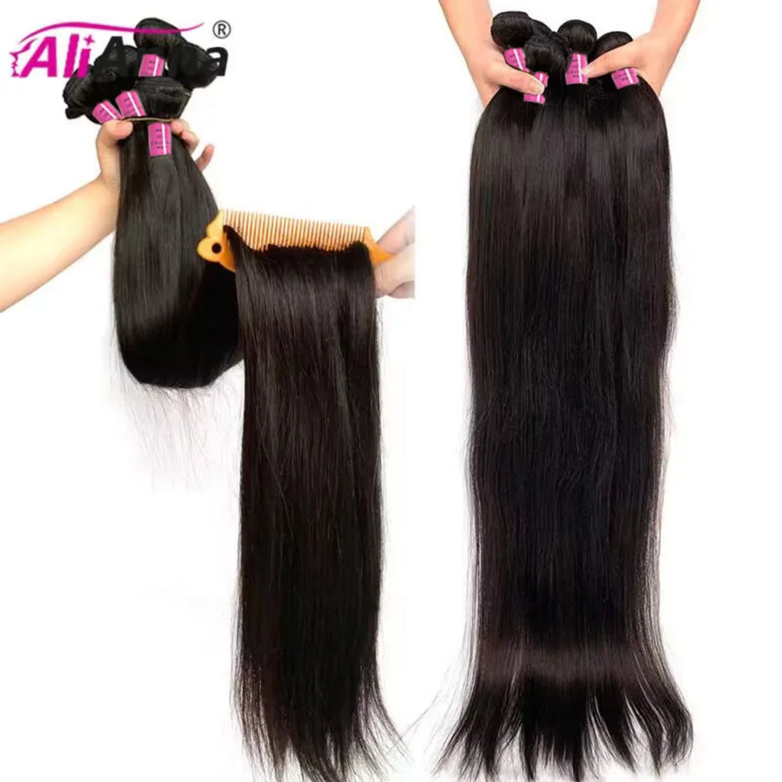 Two bundles of straight hair extensions held by hands with 'AliAnn' branding.