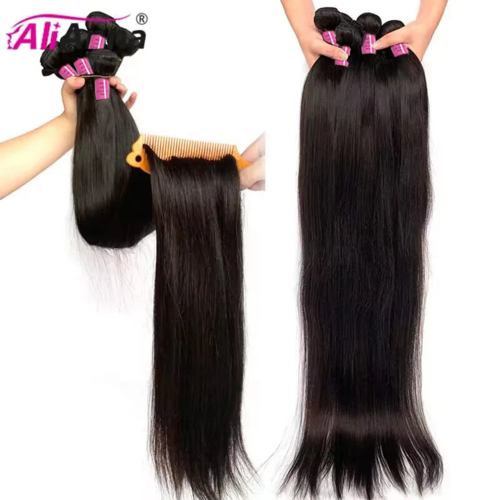 Hair extensions with a comb and 'Ali' branding on a white background