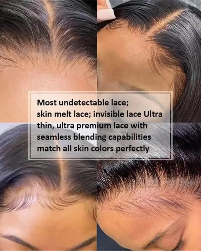 Close-up of hairline with text highlighting lace quality and skin compatibility.