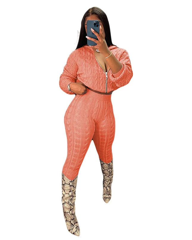 Women's Knit Hooded Sweater and Pants 2-Piece Set | Fall Winter Loungewear Outfit