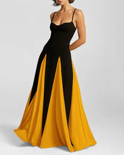 Color contrast evening party dress featuring a V-neck design and swing silhouette in black and yellow.