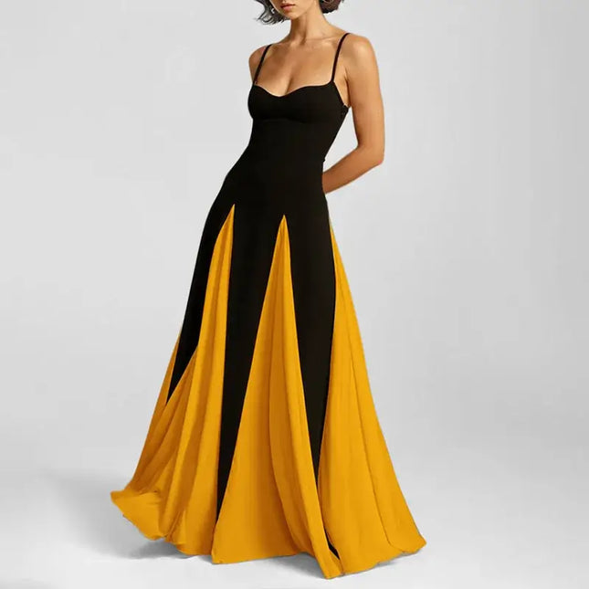Color contrast evening party dress featuring a V-neck design and swing silhouette in black and yellow.