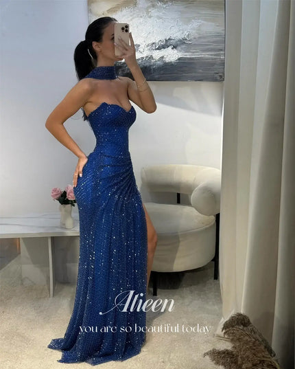 Aileen women's prom dress 2025 in dark blue, off-shoulder design showcasing elegant sparkle and fit, perfect for formal occasions.