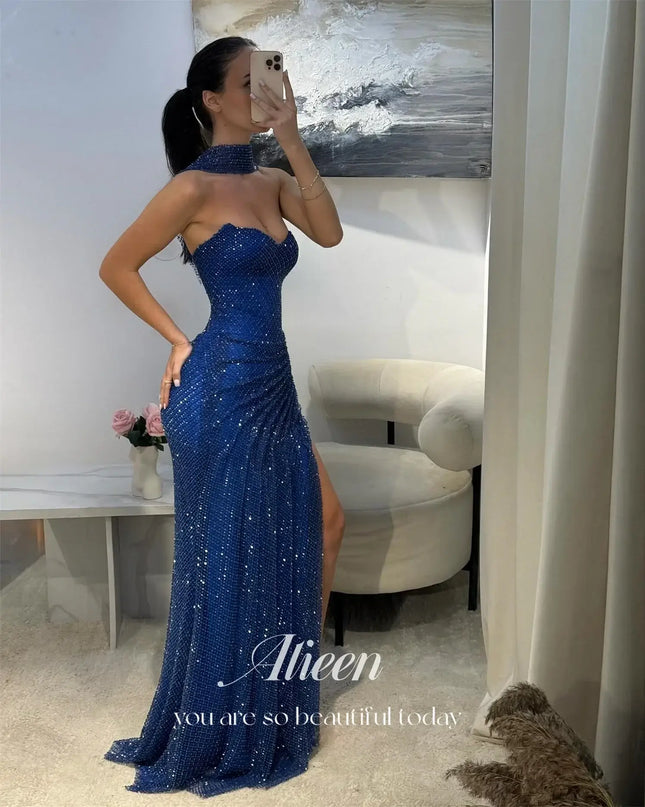 Aileen women's prom dress 2025 in dark blue, off-shoulder design showcasing elegant sparkle and fit, perfect for formal occasions.