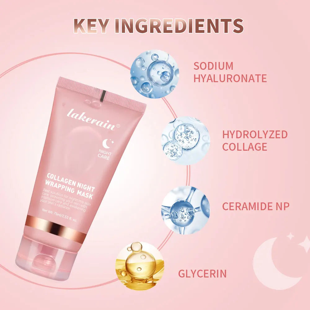 Key ingredients for Collagen Night Wrapping Mask: Sodium Hyaluronate, Hydrolyzed Collage, Ceramide NP, and Glycerin.