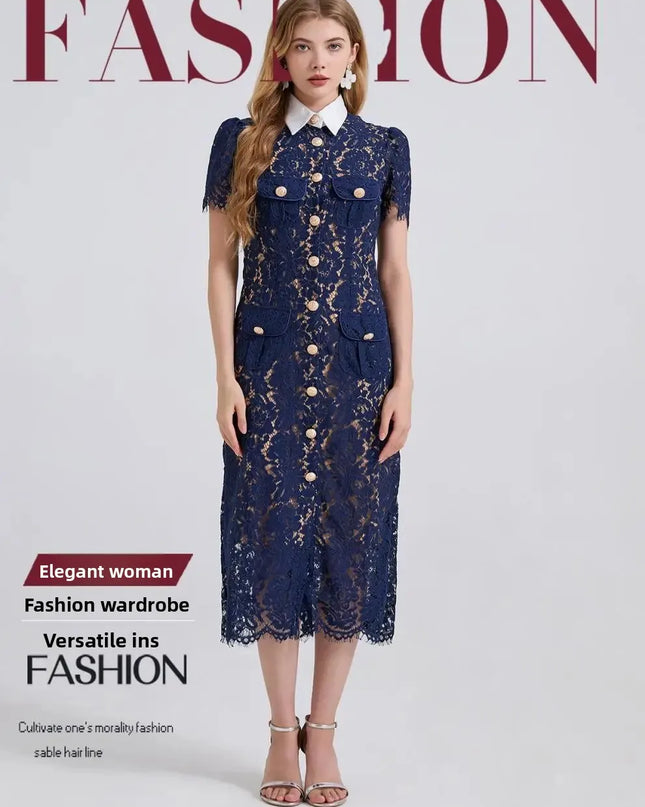 Woman wearing a navy lace dress on a magazine cover with 'Fashion' text.