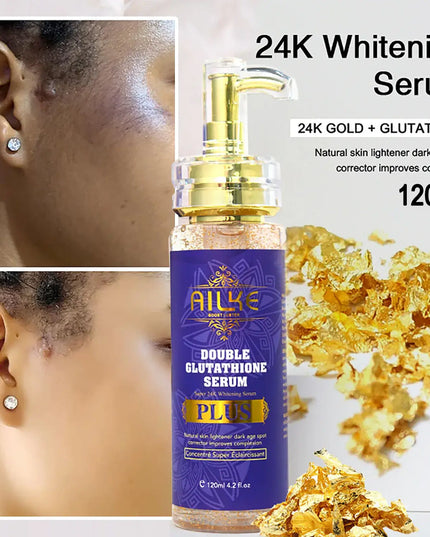 AILKE 24K Whitening Serum with Double Glutathione for skin lightening and dark spot correction, 120ml bottle.