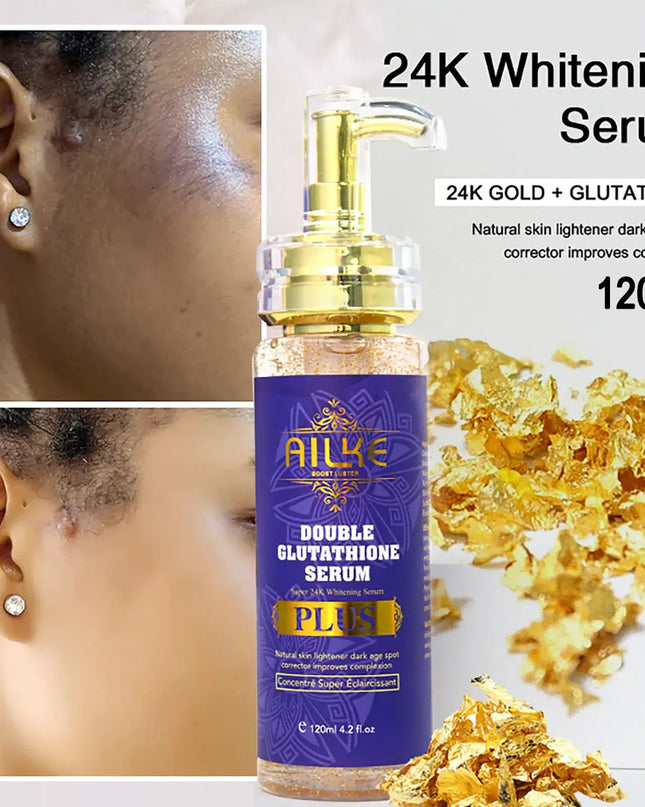 AILKE 24K Whitening Serum with Double Glutathione for skin lightening and dark spot correction, 120ml bottle.