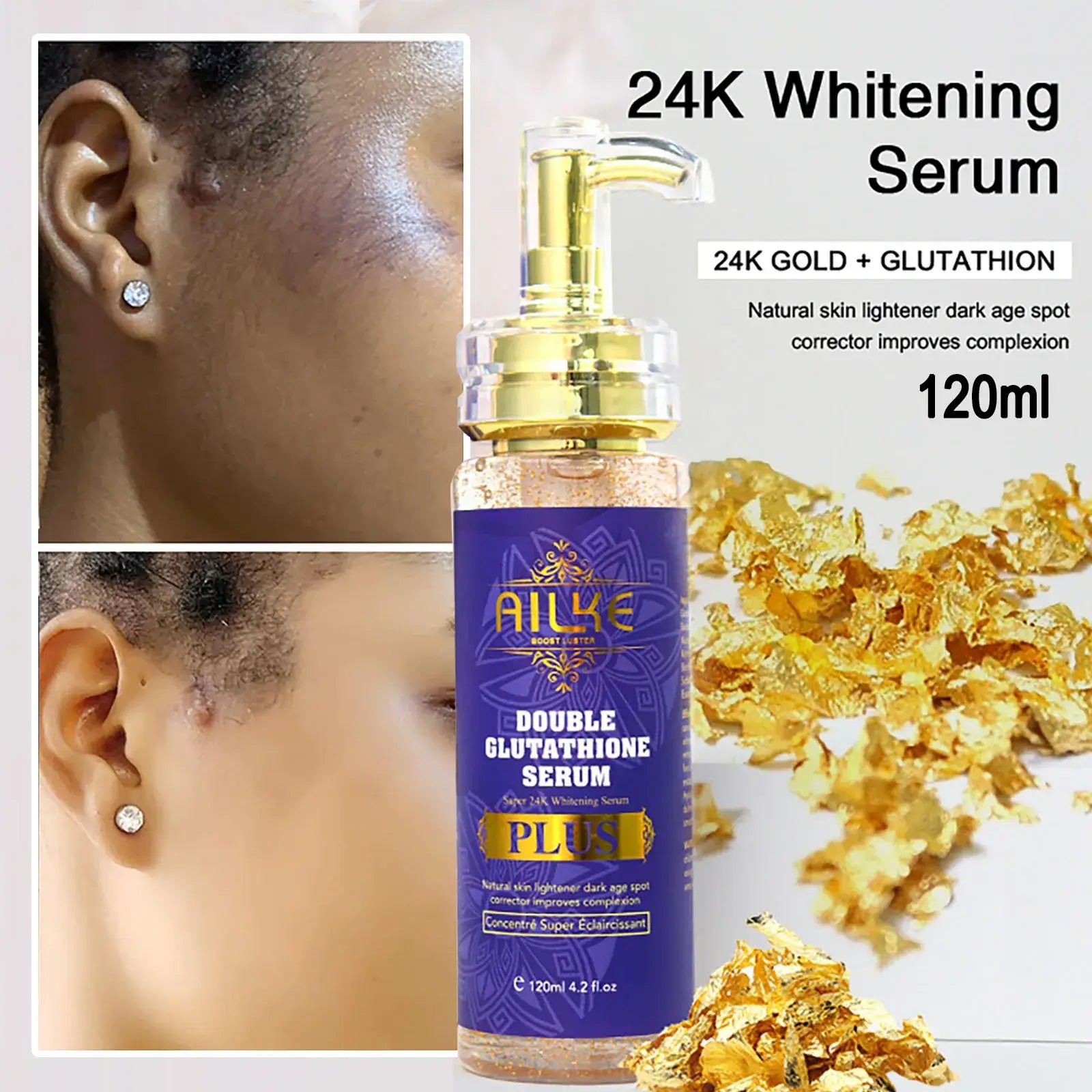 AILKE 24K Whitening Serum with Double Glutathione for skin lightening and dark spot correction, 120ml bottle.