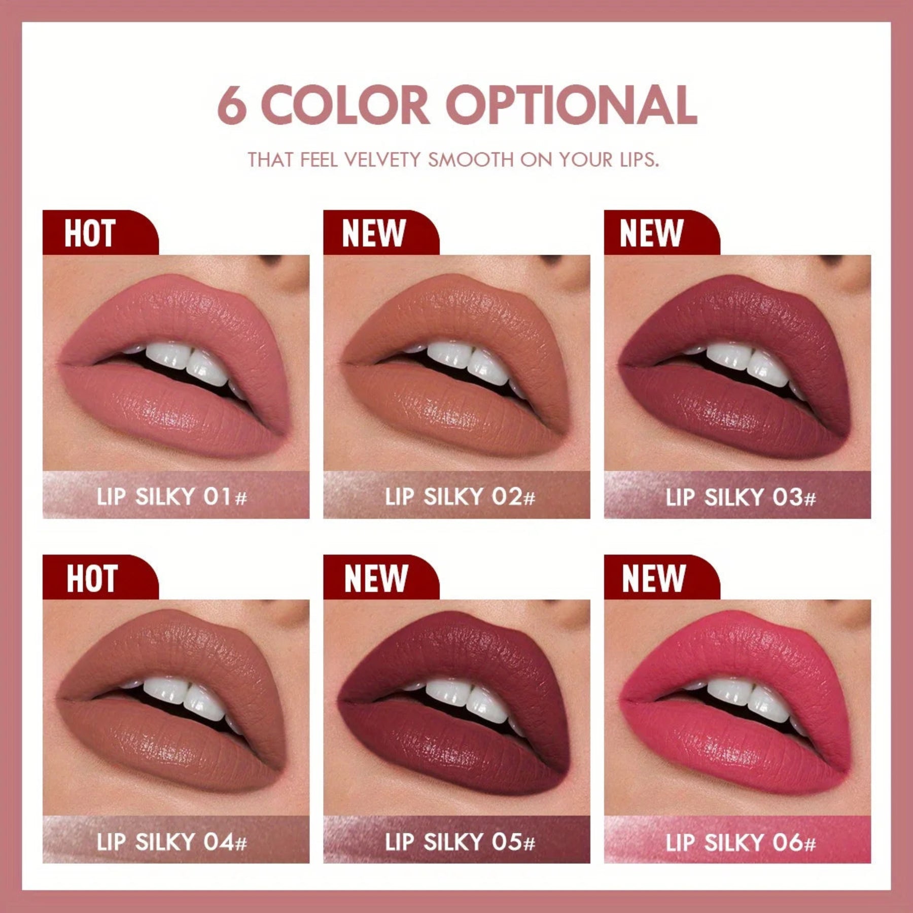 Lipstick color swatches with text indicating '6 Color Optional' and 'NEW' labels.