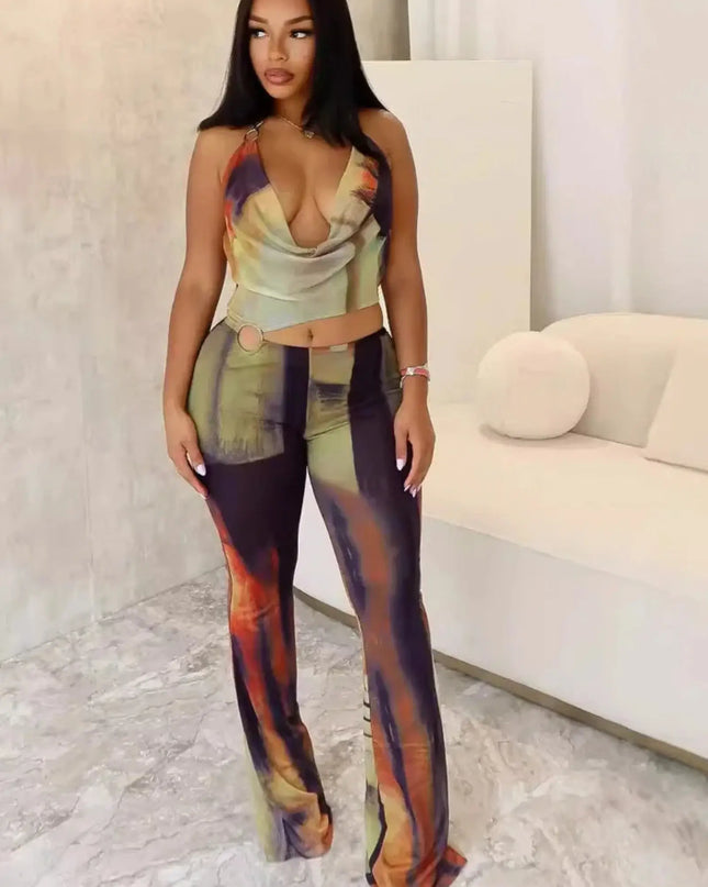 Woman wearing a colorful outfit in a modern room.