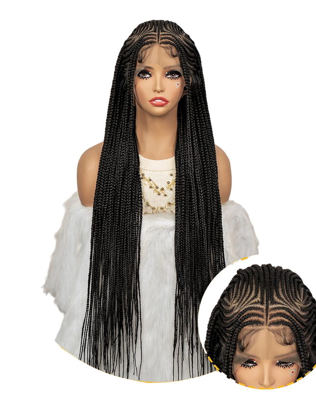 Mannequin head with a long black braided wig in a well-lit room.