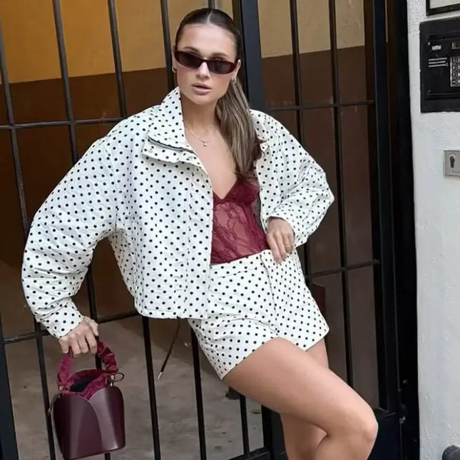 HXAO Polka Dot Bomber Jacket Women's Jackets Demi-Season Oversized Long Sleeve Top Outerwear Aviator Plus Size Zip Up Crop Coats