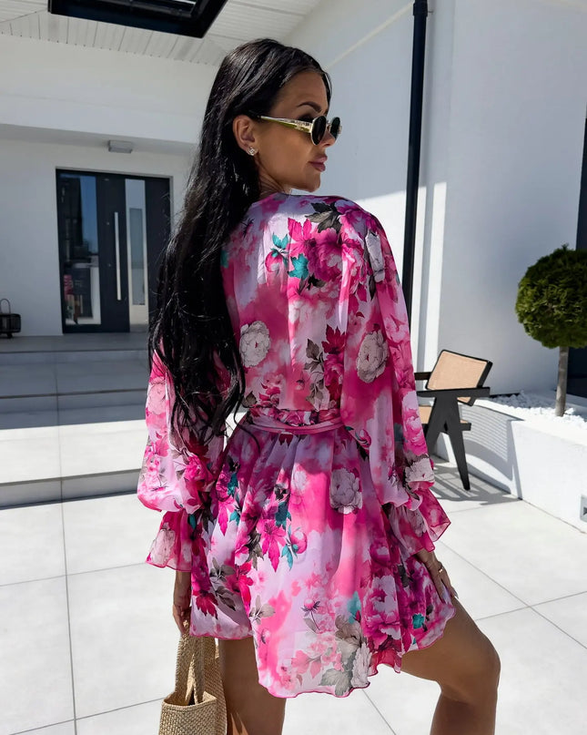 Women’s Loose V-Neck Long Sleeve Printed Jumpsuit