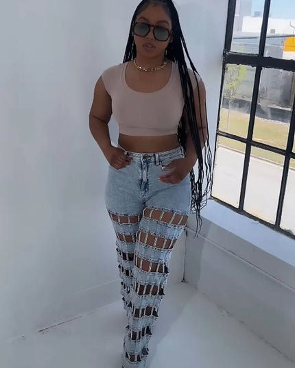 High Waist Hollow Out Denim Pants - Chic & Trendy Style