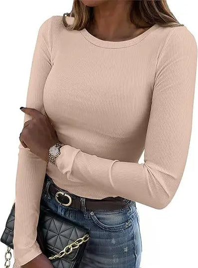 European and American new women's long sleeved elastic round neck ribbed T-shirt slim fit casual basic top