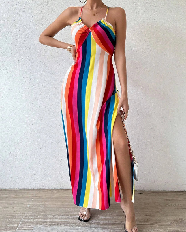 Women's Ethnic Pattern Backless Split Thigh Boho Maxi Dress