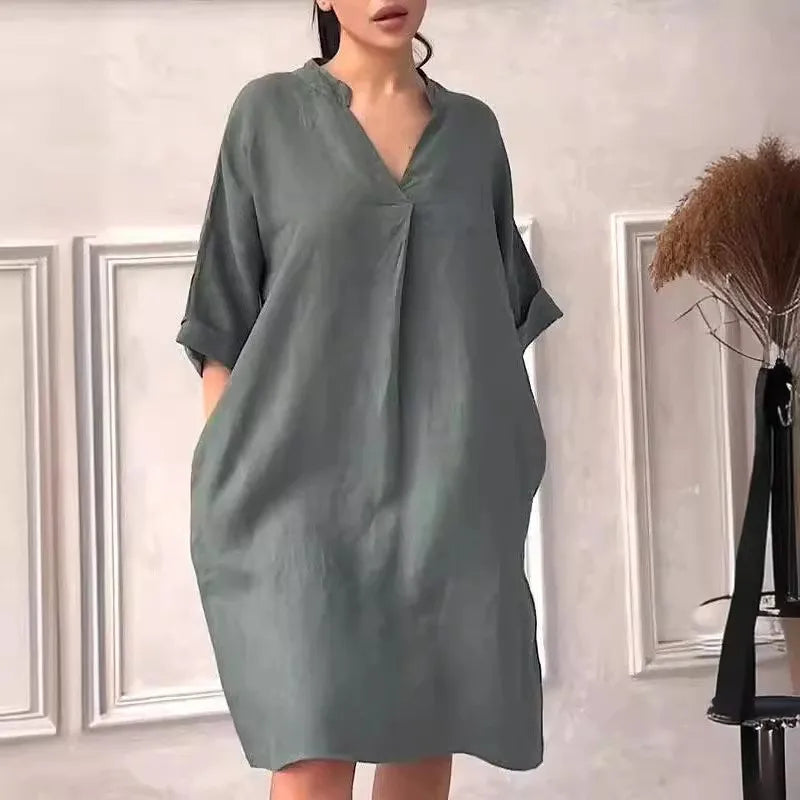 Fashion Cotton Linen Women V-neck Loose Plus  Size Dress