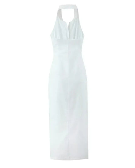 Single breasted white cotton linen summer dress with a turn down collar and backless halter design.