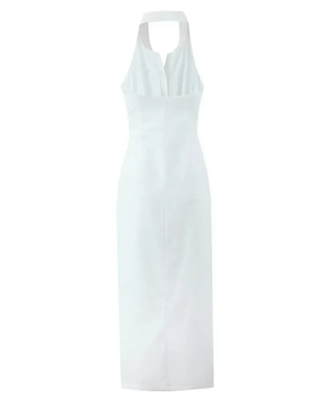 Single breasted white cotton linen summer dress with a turn down collar and backless halter design.