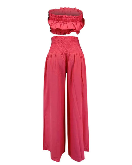 Stylish women's solid two-piece outfits featuring a strapless top and wide-leg pants in vibrant pink color.