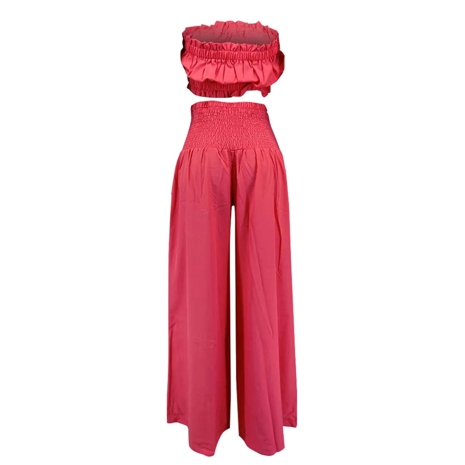 Stylish women's solid two-piece outfits featuring a strapless top and wide-leg pants in vibrant pink color.