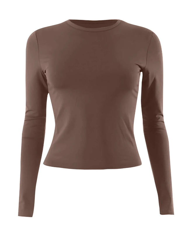Women’s Long Sleeve O-Neck Crop Top – Slim Basic Tee in brown color