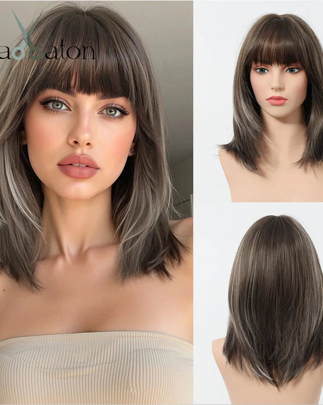 Blonde Synthetic Wigs with Bangs Medium Length Layered Straight Wig Natural Highlight Hair
