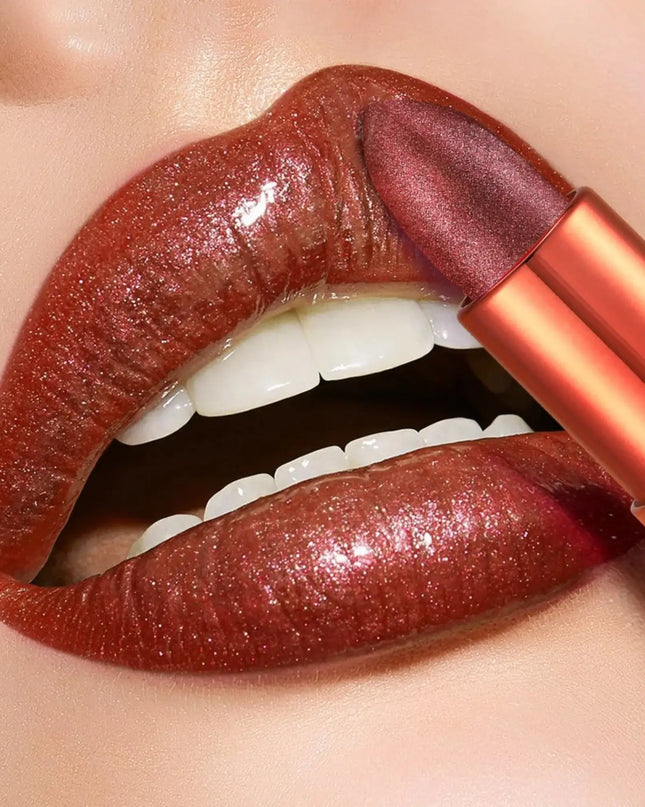 Lipstick being applied to a lip with a close-up view