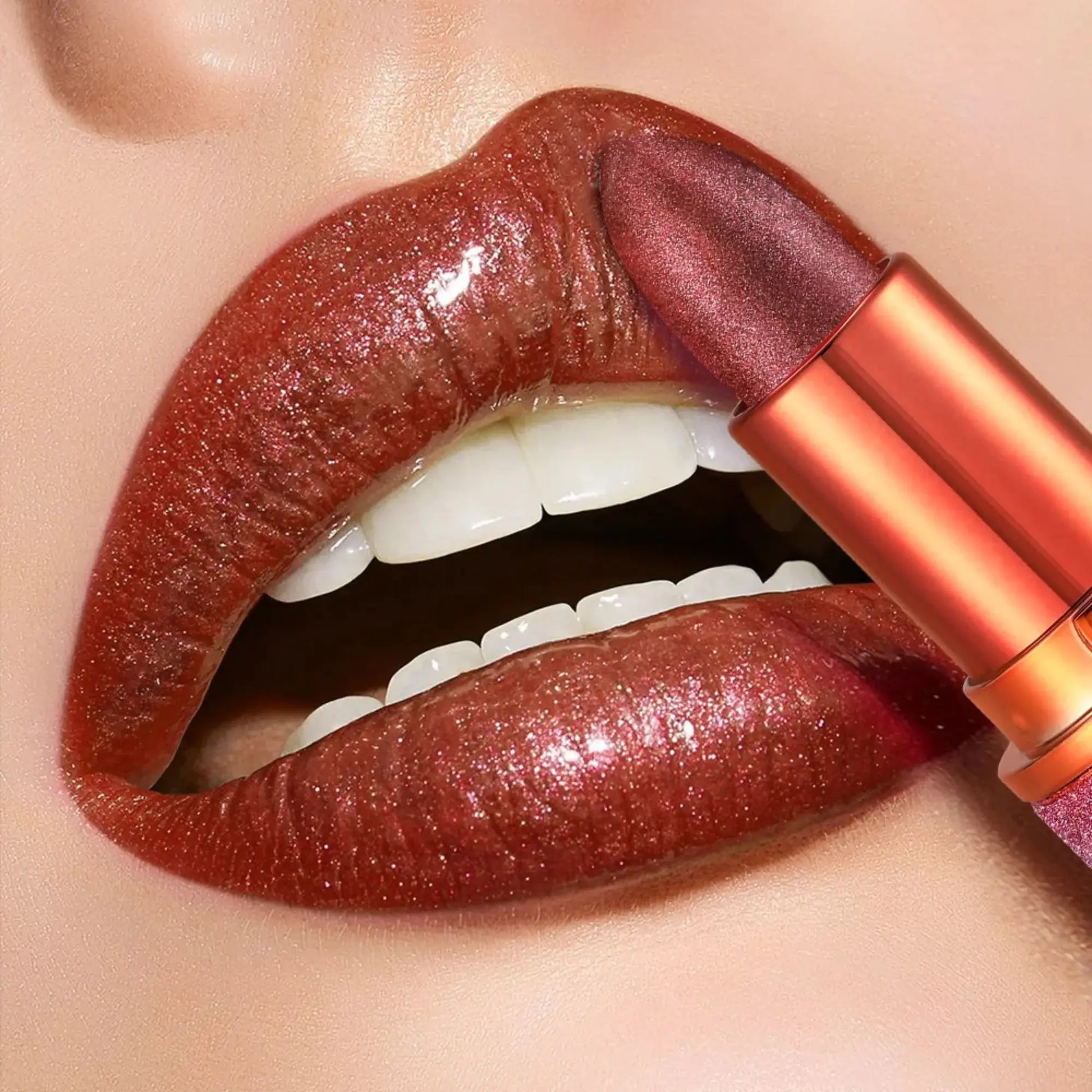 Lipstick being applied to a lip with a close-up view