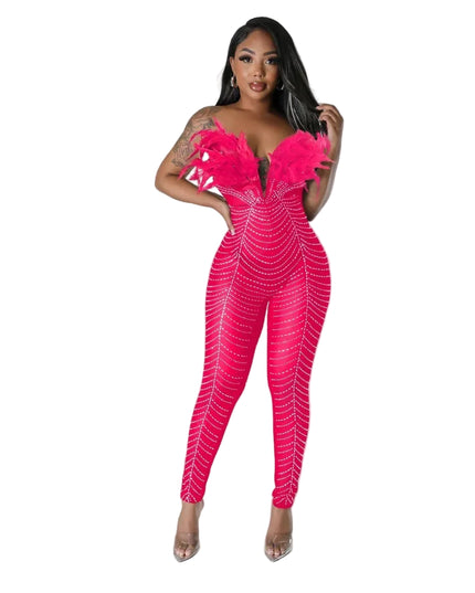 HLJ Sexy Feather Luxury Rhinestone Bodycon Jumpsuits Women Mesh Sleeveless