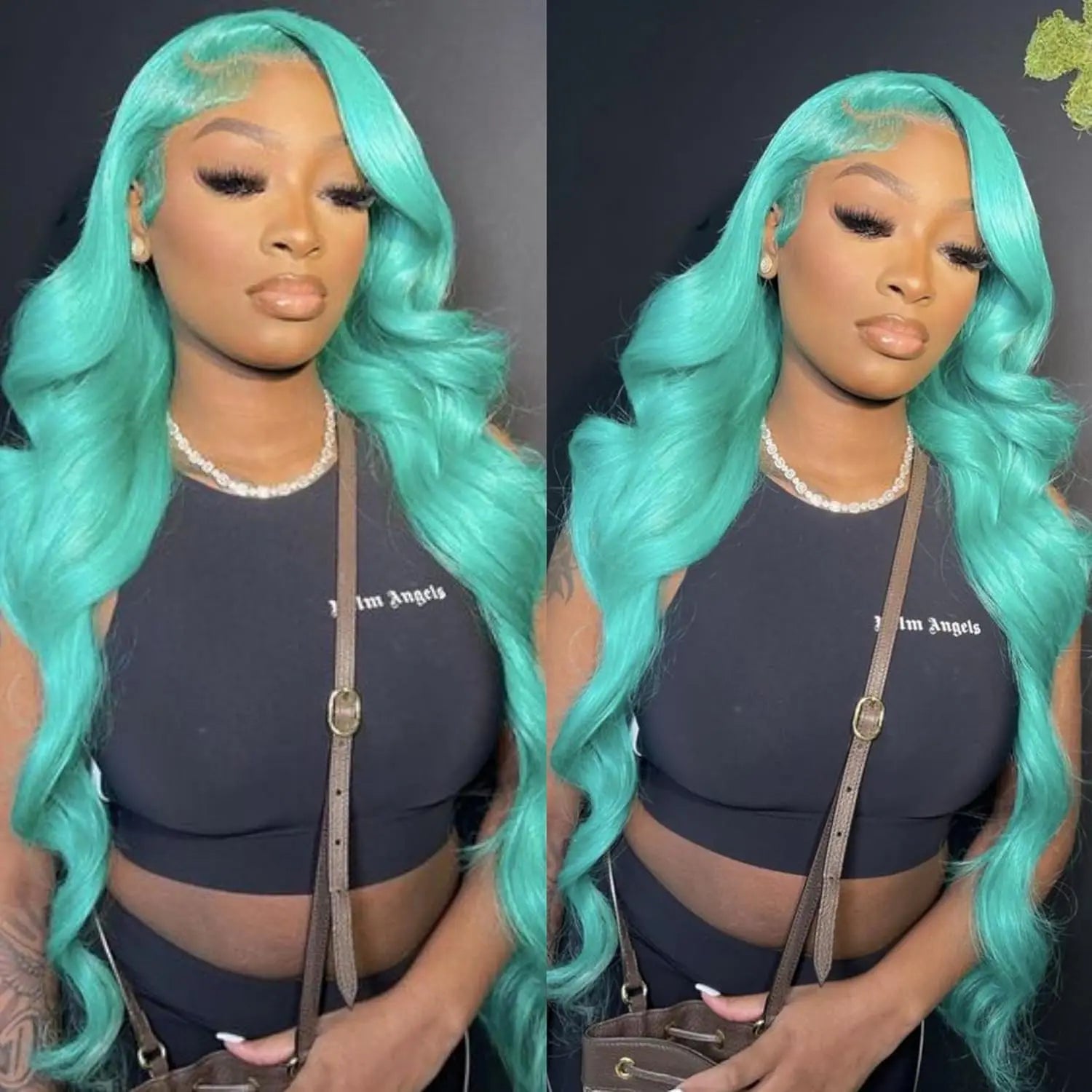 Person with teal hair styled in waves, wearing a black top and brown bag.