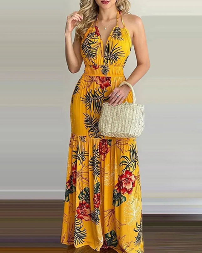 Women Tropical Print Halter Backless Maxi Dress Sexy Sleeveless Deeep V Beach Dress