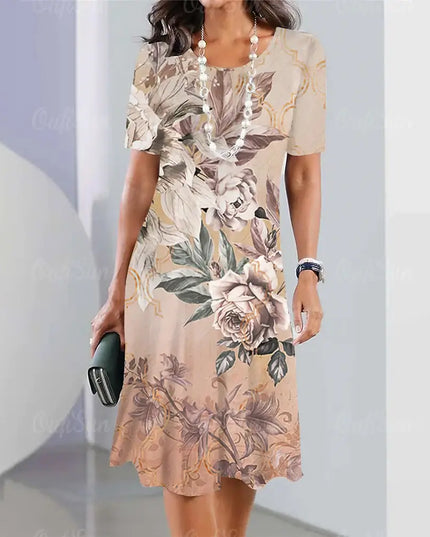 Summer women's dresses 3d floral print featuring elegant short sleeve design and A-line skirt for a stylish look.