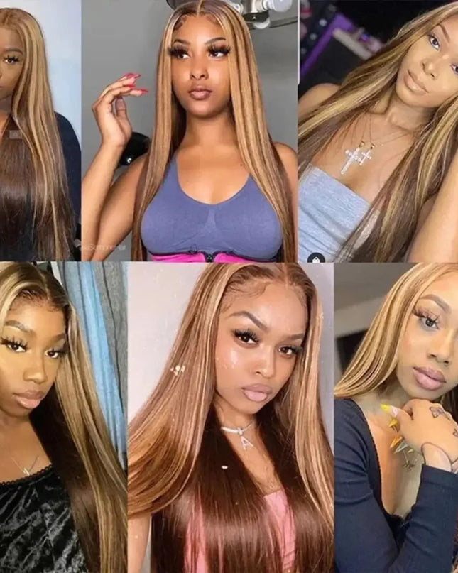 Collage of a woman with long blonde hair styled in different ways.