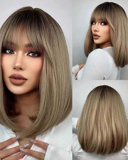 Blonde Synthetic Wigs with Bangs Medium Length Layered Straight Wig Natural Highlight Hair