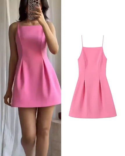 Pink A-Line Mini Dress – Elegant summer party style featuring adjustable spaghetti straps.