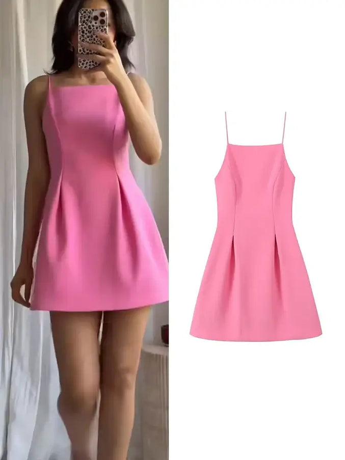 Pink A-Line Mini Dress – Elegant summer party style featuring adjustable spaghetti straps.