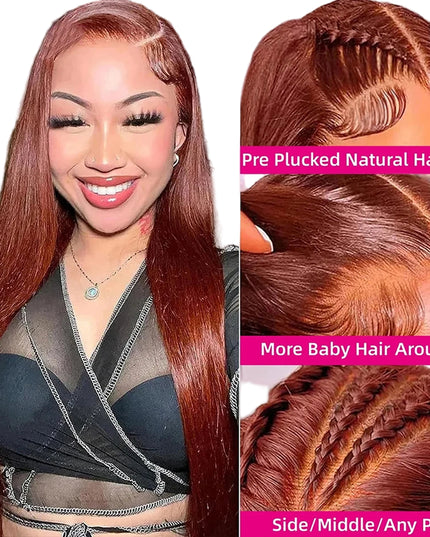 Woman with long red hair and close-up shots of hairline and braiding techniques.