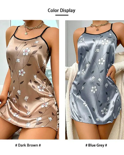 Women's Sleepdress Satin Floral Print Nightdress Comfortable Spaghetti Strap Sleepwear Dress Luxurious Satin Slip Nightdress