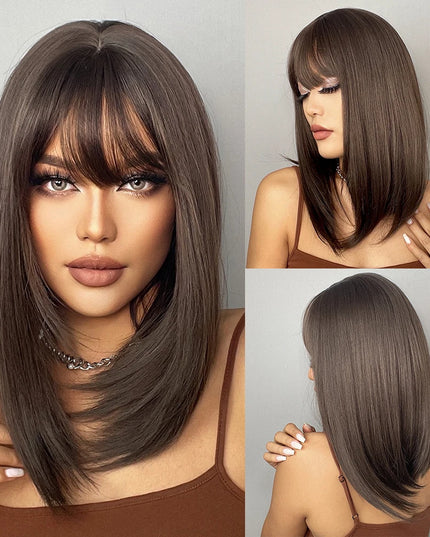 Blonde Synthetic Wigs with Bangs Medium Length Layered Straight Wig Natural Highlight Hair