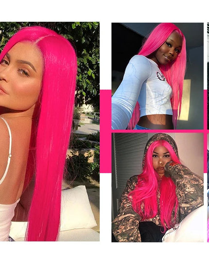 Collage of a model with bright pink hair in various settings.